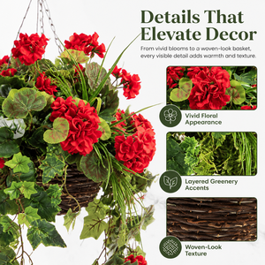 Cesta Colgante con Geranios Rojos Artificiales, <span class=keywords><strong>Hiedra</strong></span> Colgante, Arreglo Floral, Decoración Ecológica para Balcón y Jardín - Product Image 4