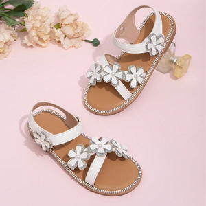 Nuevas Sandalias de Princesa para Niñas - Sandalias Planas de Playa con Pedrería de Cristal y Flores, Suela Suave - Product Image 2