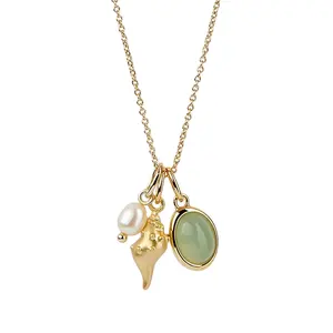 Fine Jewelry Elegent Women Stainless Steel Pearl Conch Gem Stone DIY Charm Necklace