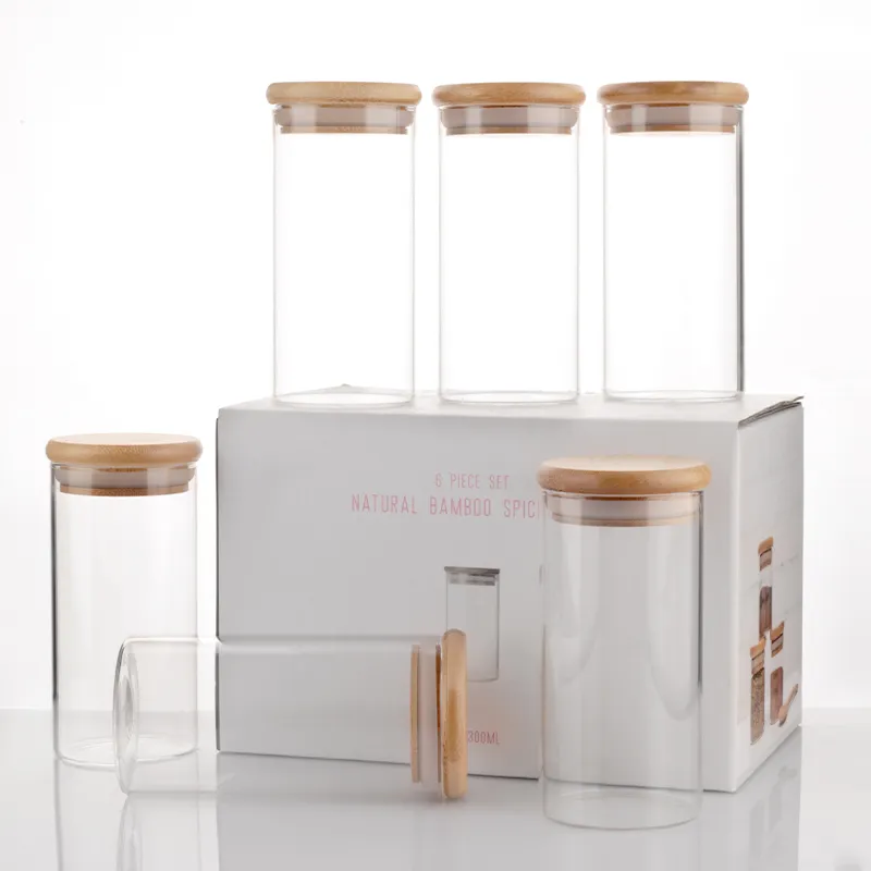 Wholesale 300ml Borosilicate Airtight Bamboo Lids Glass Kitchen Storage Jar Canister Set 60*120mm for Pantry