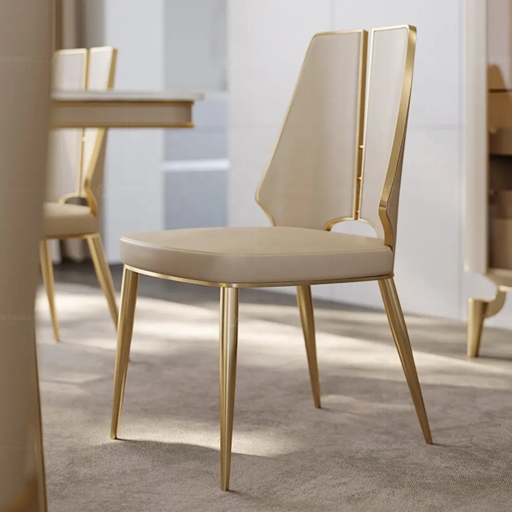 Iç tasarım takı mağaza dekorasyon mobilyası beyaz ve altın deri yemek sandalyesi üretici yemek sandalyesi metal bacak