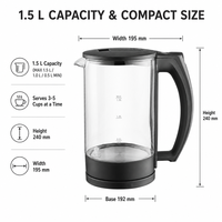 Bouilloire électrique sans fil en verre 1,7 L 2200 W avec protection contre l'ébullition à sec, base détachable à 360°, arrêt automatique, pour hôtel et usage extérieur