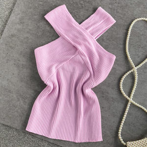 Camiseta sin mangas sexy de punto con cuello cruzado y hombros descubiertos para mujer - Top chaleco de moda de doble uso - Product Image 4