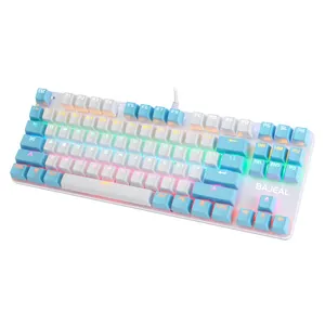 Teclado mecânico com fio de led, 87 teclas, para laptop bajeal, alta qualidade, branco e azul, usb, caixa de papelão personalizada