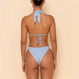 Bikini de Dos Piezas <span class=keywords><strong>con</strong></span> Tirantes Cruzados en la Espalda, Estampado a Cuadros Azul Claro, de Corte Alto y Estilo Moderno, para Mujer - Product Image 4