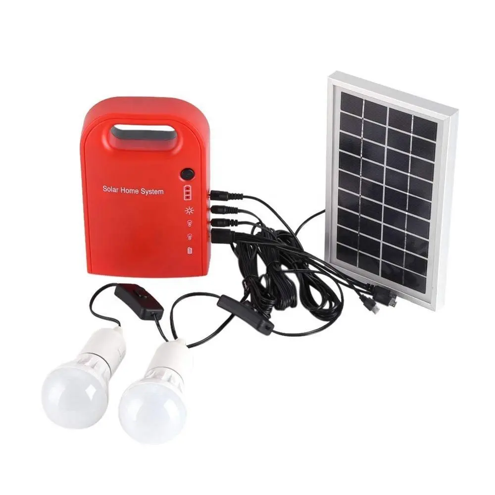 Mini energía Solar portátil para exteriores, carga USB, 2 bombillas LED, Kit de sistema de iluminación de generación de energía para el hogar