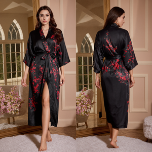 Lumee jubah Satin wanita baru dengan motif bunga prem merah Satin hitam, jubah pengantin, piyama Satin. - Product Image 4