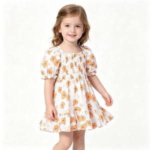 Vestido A26-4 Personalizado de Bambú/Algodón para Niñas, Corte en A, Largo hasta la Rodilla, Cuerpo Fruncido, Mangas Cortas Tipo Linterna con Volantes y Pétalos, para Bebés y Niñas Pequeñas - Product Image 3