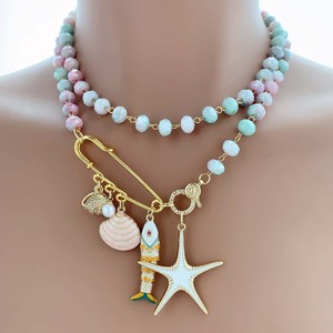 TK-C356 Collier <span class=keywords><strong>fantaisie</strong></span> bohème à <span class=keywords><strong>perles</strong></span> de cristal double couche pour femme avec grand pendentif épinglette coquillage marin et poisson pour les vacances d'été - Product Image 3