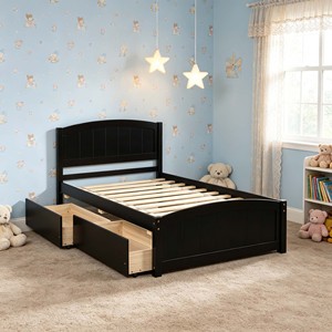 Lit plateforme double en bois massif Espresso avec 2 tiroirs, design tête et <span class=keywords><strong>pied</strong></span> de lit, lit de chambre pour enfants et adolescents - Product Image 1
