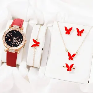 Hoge Kwaliteit Moderne Dames Sieraden Cadeau Set 5 Stuks Quartz Armband Oorbellen Ketting Horloge Cadeau Set Met Doos