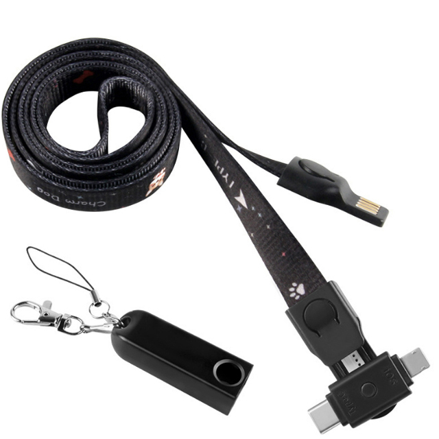 Promotional Gift 3 in 1 Lanyard Usb c Nylon Braided Charger Cable with Safety Buckle Keychain