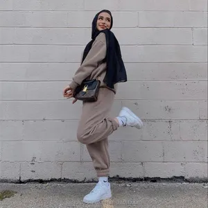 Setelan Sweter Bertudung Lengan Panjang Wanita, Pakaian Lari Berkudung Turki Mode Muslim Baru 2 Potong, Pakaian Kebugaran Wanita