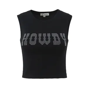 Front letter beading crew neck sleeveless black color casual fashion women crop tank top