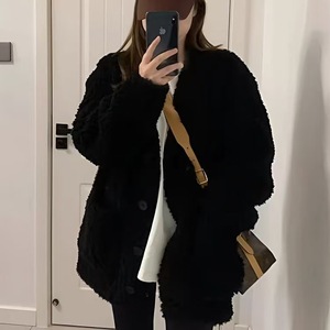 Black Plush V Neck <b>Cardigan</b> Mid Length Knitted Fleece Lined Women's Winter Wear With Pocket Solid Color Simple Style - Product Image 4
