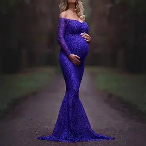 Hamile kadınlar için annelik dantel kapalı omuz V boyun uzun elbise elbisesi hamile fantezi çekim fotoğraf oturumu sahne