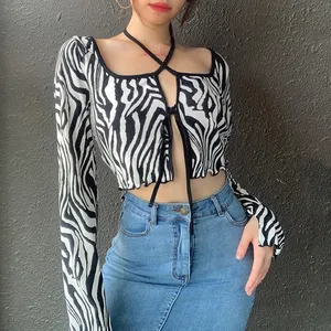 Sexy Crop Top Bán Buôn Trống T Áo Sơ Mi Dài Tay Áo T Áo Sơ Mi Phụ Nữ In T Áo Sơ Mi Biểu Tượng Tùy Chỉnh