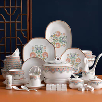 Service de table de luxe en porcelaine fine à motif floral brocart, 69 pièces, vaisselle en céramique décorée de motifs floraux pour la maison, les banquets, les mariages et les cadeaux