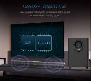 Barre de son TV 80W 2.1 avec caisson de basses filaire en bois, DSP, basses profondes, système audio home cinéma HDMI ARC Optique pour salon - Product Image 4