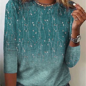 T-shirt Casual in cotone a manica lunga blu <span class=keywords><strong>fucsia</strong></span> verde stampa floreale con collo Basic Anti-Pilling fine settimana di vacanze autunnali sciolte - Product Image 1