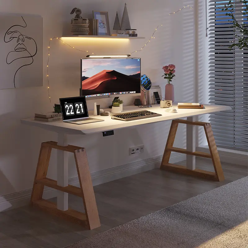 Elektrisches Heben Stehender Leder tisch Tap Home Office Tische Schreibtisch mit Holzbeinen
