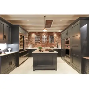 Shaker Style Dark Grey Lacquer Kitchen Cabinet Appliance Pantry With White Artificial Quartz Countertop Island