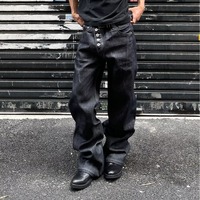 Jeans larges pour hommes en gros, pantalon en denim à bouton asymétrique, prix d'usine OEM ODM, couture contrastante, streetwear