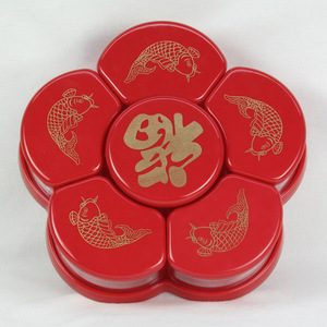 Boîte à bonbons rotative rouge en plastique pour le Nouvel An chinois, plateau à fruits multi-compartiments pour mariage, impression sérigraphique ronde - Product Image 1