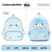 Sac à dos en peluche bleu clair en forme de phoque, animal marin, lion de mer, avec broderie de étoile de mer, pour adolescentes, OEM & ODM disponibles