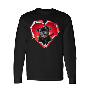 T-shirt unisexe à manches longues col rond avec impression numérique motif Pug Rose Cœur de Chien Saint-Valentin pour adultes, cadeaux de mariage et de fête nuptiale - Product Image 3