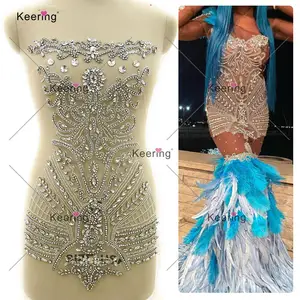 WDP-370 Keering luxury glass rhinestone full bodice with sleeves crystal handmade rhinestone applique for party dress