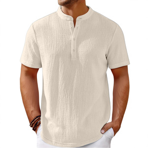 Camiseta Henley para Hombre Fitspi, Estilo Vintage a Rayas, Manga Corta, Corte Holgado Informal de Verano, Cuello con Botones, Tops de Playa - Product Image 1