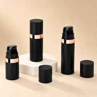 Mini Botella de 5ml 10ml 15ml de PP Redonda, Mate, Esmerilada, Negra, con Bomba de Vacío sin Aire para Cosméticos, Cuidado de la Piel y Suero, con Borde Dorado