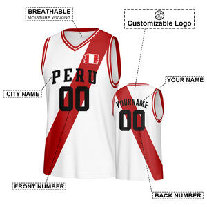 Maillot de basketball streetwear en gros, style drapeau du Pérou, 100 % polyester, col en V, décontracté, séchage rapide, respirant, antibactérien - Product Image 2