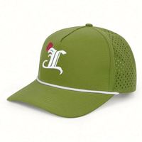 Casquette de baseball imperméable de haute qualité avec logo personnalisé en caoutchouc, 5 panneaux, en polyester, avec trous découpés au laser et cordon, pour le sport, vente en gros