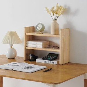 Solid Wood <b>Desktop</b> Storage <b>Shelf</b> 2 Tier Natural Color Office Organizer for Books Stationery Display - Product Image 2