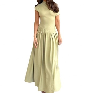 Vestido Largo Plisado Verde Elegante para Mujer, Estilo Casual de Oficina, Moda Urbana, Cuello Redondo, Manga Corta, Venta al Por Mayor, Personalizado OEM - Product Image 1
