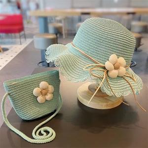 Venta al por mayor nueva moda sol playa sombrero bolsa 2 uds conjunto flor encantadora niños sombrero de paja transpirable bebé niña gorras - Product Image 5
