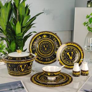 15-pcs Porcelain <b>Bone</b> <b>China</b> Coffee <b>Set</b> European Style Creative Design Black V-Shape Pattern High Quality Gold-Plated Handle for - Product Image 5