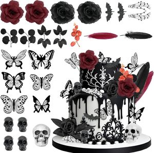 Venta al por Mayor de 26 Piezas de Adornos Góticos para Pastel de <span class=keywords><strong>Halloween</strong></span>, Decoraciones de Rosas Negras y Rojas, Calaveras y Mariposas para Cupcakes, Suministro Integral - Product Image 2