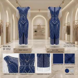 Vestido Largo Azul Marino para Mujer, Estilo Art Deco, con Bordado, Detalle de Flecos de Cristal en el Hombro, Satinado Moderno, Elegante y Ajustado - Product Image 3