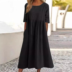 Nouvelle <span class=keywords><strong>Robe</strong></span> Mi-Longue Décontractée <span class=keywords><strong>en</strong></span> Coton et <span class=keywords><strong>Lin</strong></span> Anti-statique à Manches 3/4 <span class=keywords><strong>Grande</strong></span> <span class=keywords><strong>Taille</strong></span> Couleur Unie Printemps-Été - Product Image 1