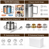 Ensemble tasse et soucoupe à café en acier inoxydable HC 304, 200-275 ml, 3 pièces, style européen, mug à lait, poignée carrée avec cuillère, miroir, bar, café