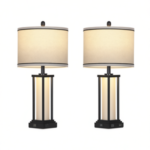 <b>Table</b> <b>Lamp</b> Set Of 2 <b>Tall</b> Beige Fabric Drum Shade Metal Base USB Outlet Warm Light Home Traditional Push Button Switch - Product Image 1