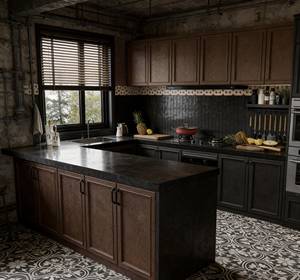 BALOM Customized Industrial Dark Wood Kitchen Cabinets - Edgy Furniture with Sleek Storage & Bold Contrast Organization - Product Image 1