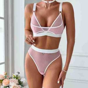 Ensemble de lingerie sexy en maille ajourée avec soutien-gorge, culotte taille haute, collerette et anneaux de jambe – Ensemble quatre pièces pour femme - Product Image 1