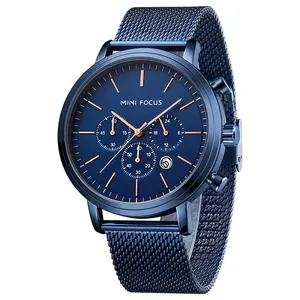 Mini Focus MF0297G Luxury Men's Watches Chronograph Blue Mesh Strap Wristwatch Top Brand Business Quartz Watch