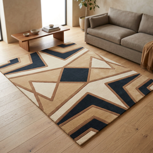 Tapis géométrique Art Déco bleu marine beige à motif étoile diamantée, tapis de designer pour décoration intérieure contemporaine - Product Image 1
