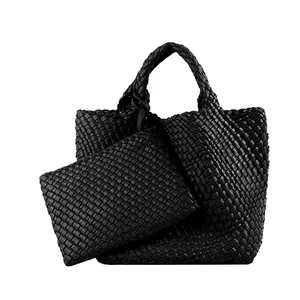 Retro Handmade Shoulder Bag Hand-Woven Solid Color Woven Pu Leather Tote Bags Shopping Bag