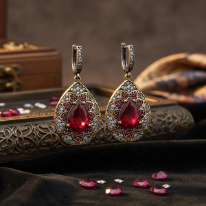 Pendientes colgantes turcos auténticos de pera rubí CZ hechos a mano, joyería de plata de ley 925 al por mayor - Product Image 3